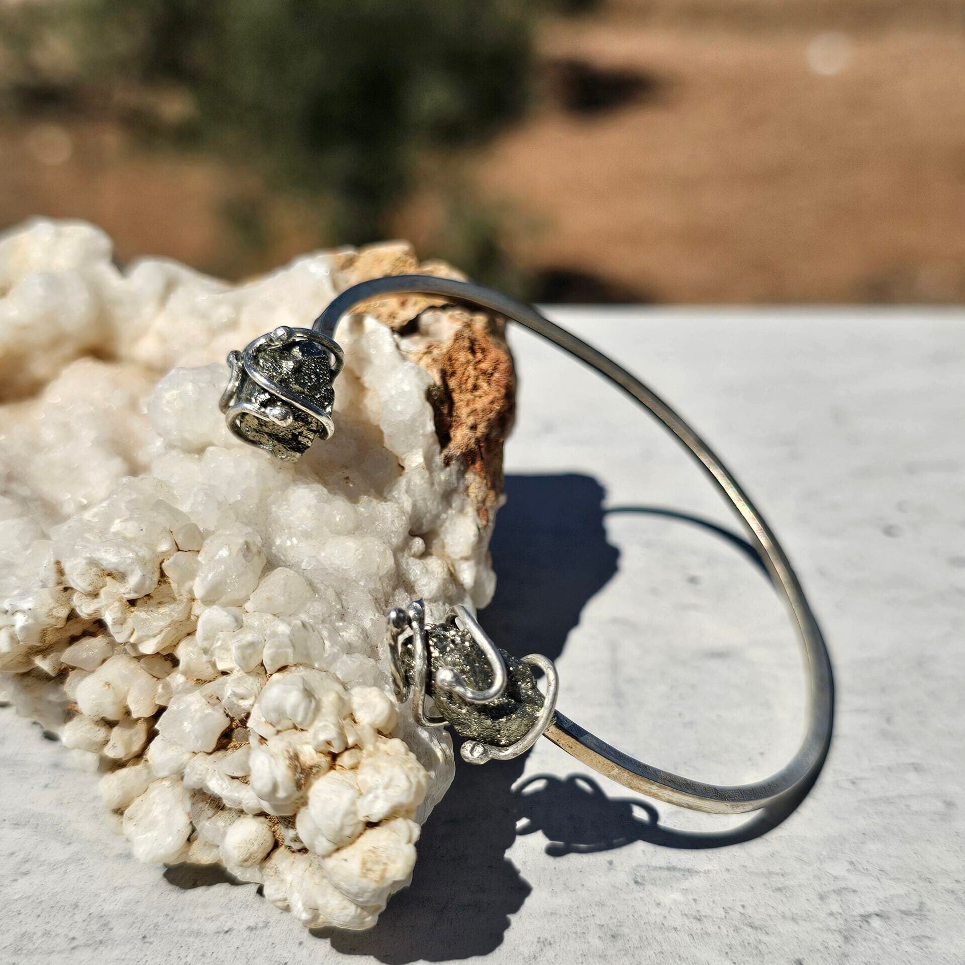 Bracelet en argent massif ajustable à double pyrites