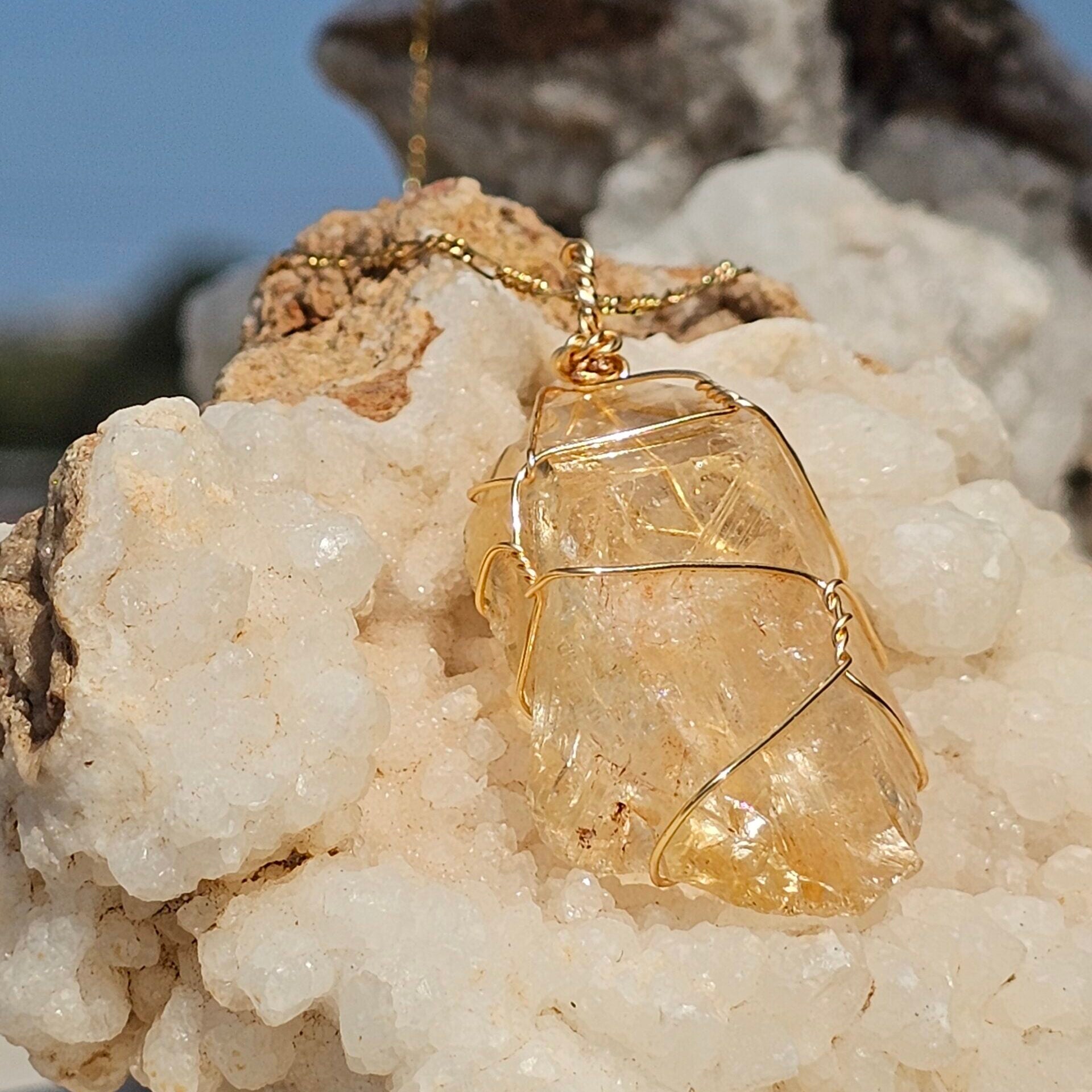 Collier en acier inoxydable avec pendentif citrine de haute qualité – 65 cm, 15 g