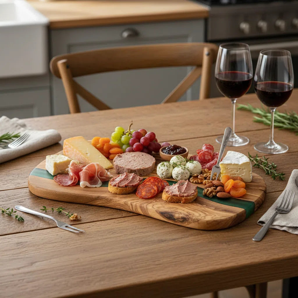 Planche À Découper Résine Bleue Bois d'Olivier - Élégance Artisanale