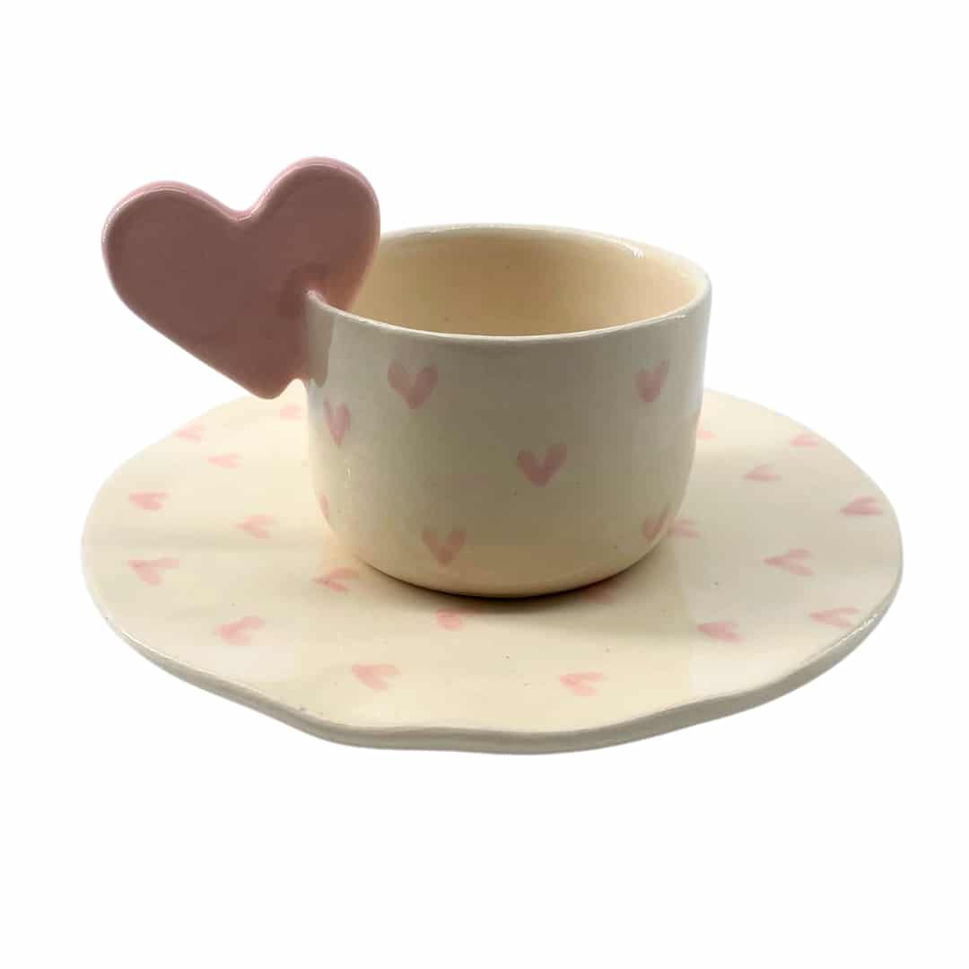 Mug "heart" en céramique fait main avec assiette pour café turc ou espresso