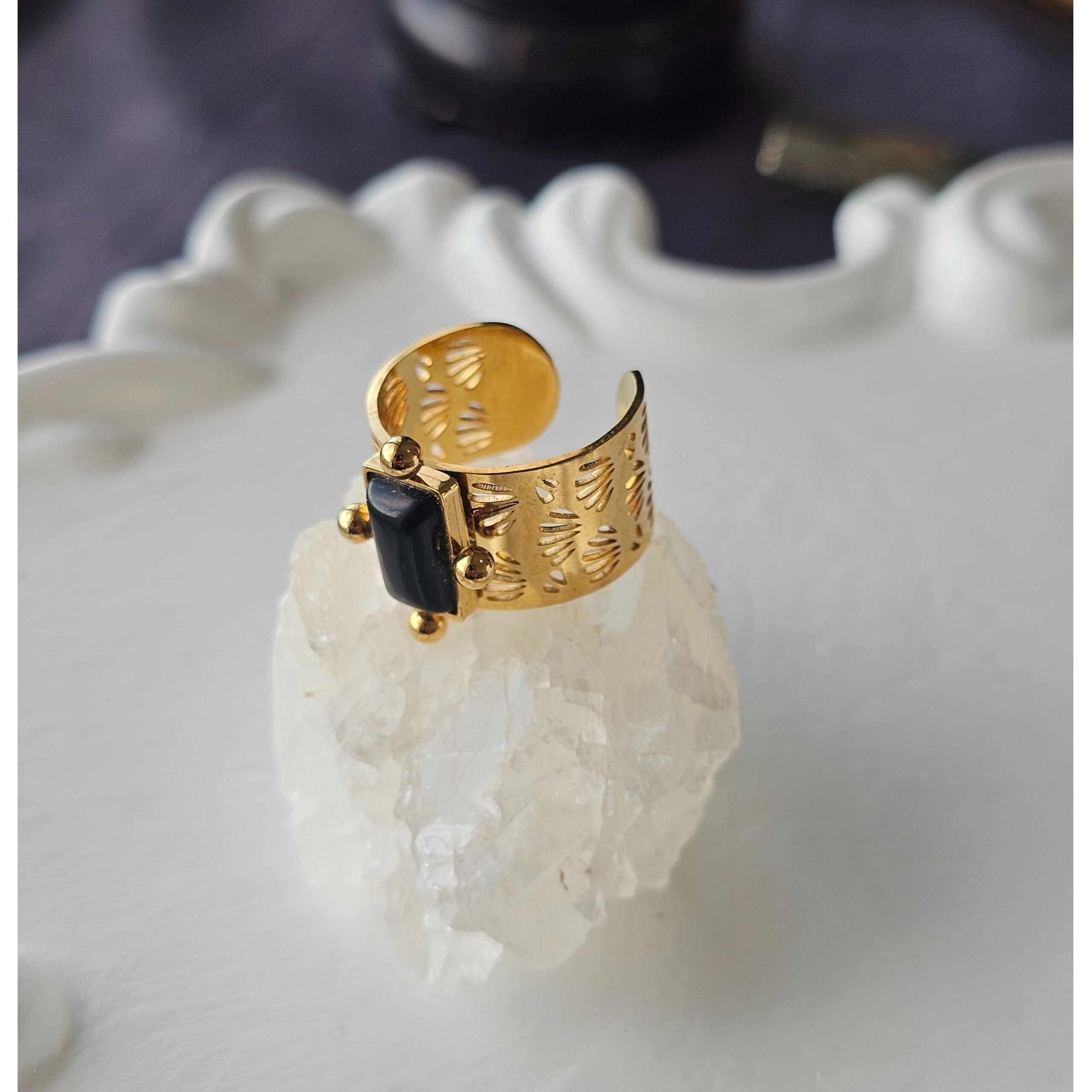 bague ajustable en acier inoxydable et agate noire