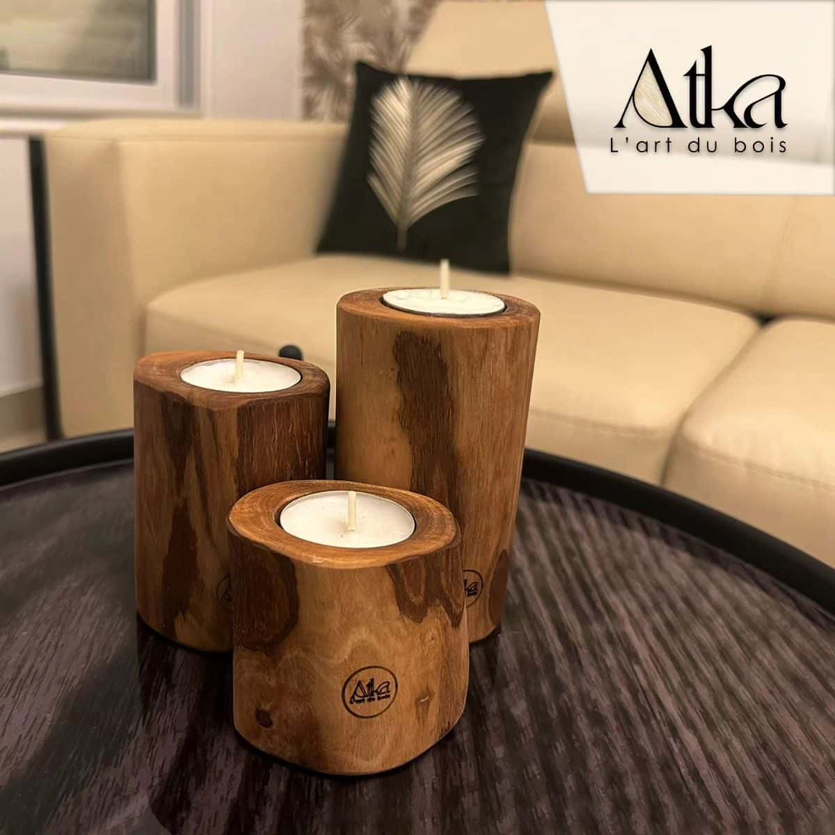 portebougie bois trio artisanal en olivier pour un intérieur chaleureux