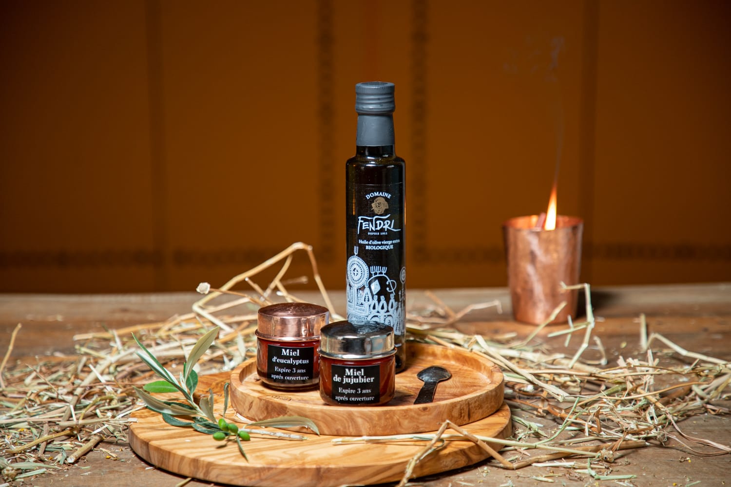 Coffret huile d’olive bio & accessoires en cuivre artisanal