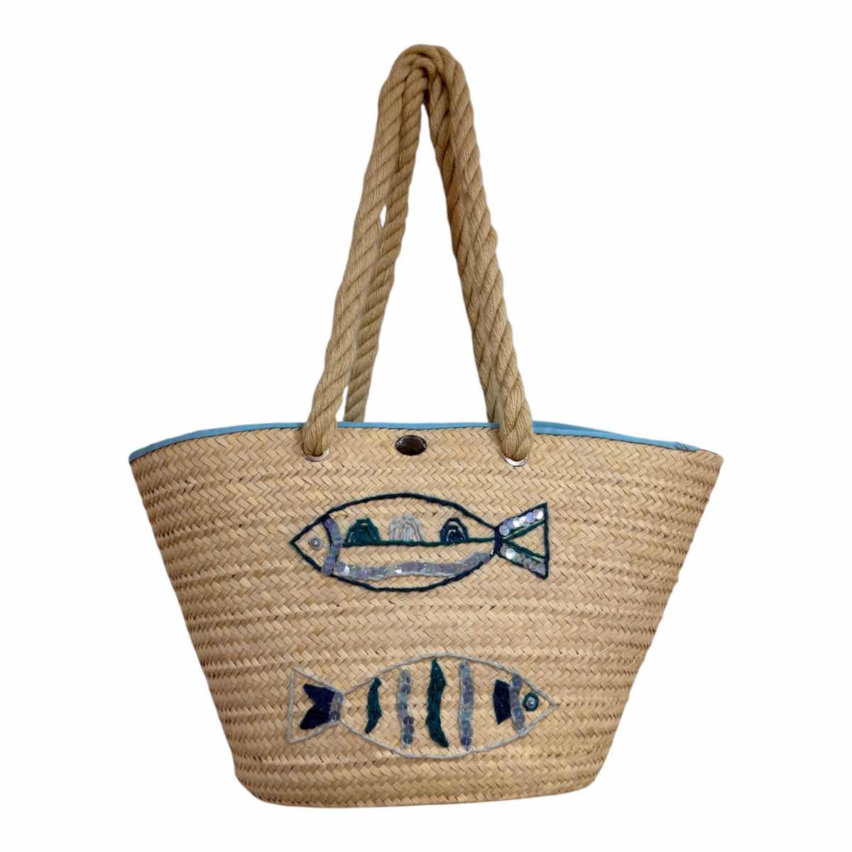 sac de plage en osier fait main motifs poissons bleu turquoise