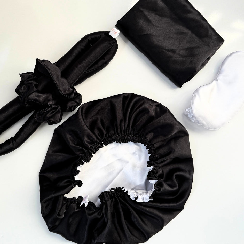 Ensemble Nuit Soin Satin Noir et blanc Luxe et Confort