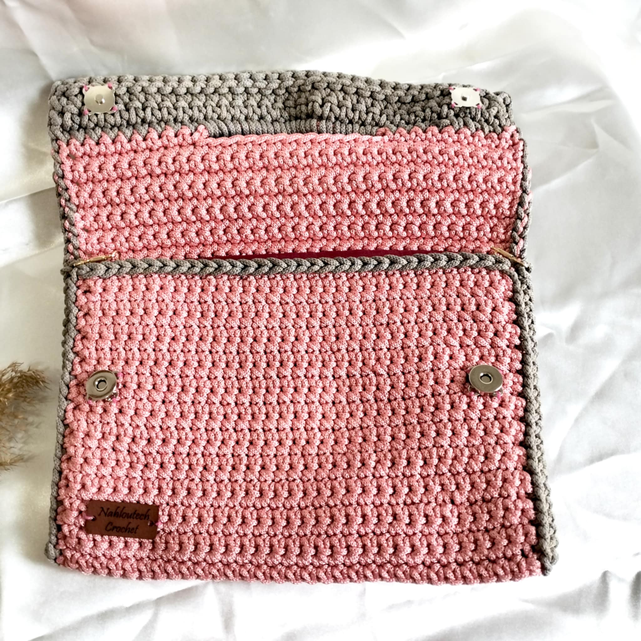 SAC au crochet rose avec touche gris fait à main très chic pour femme : fil macramé selsla