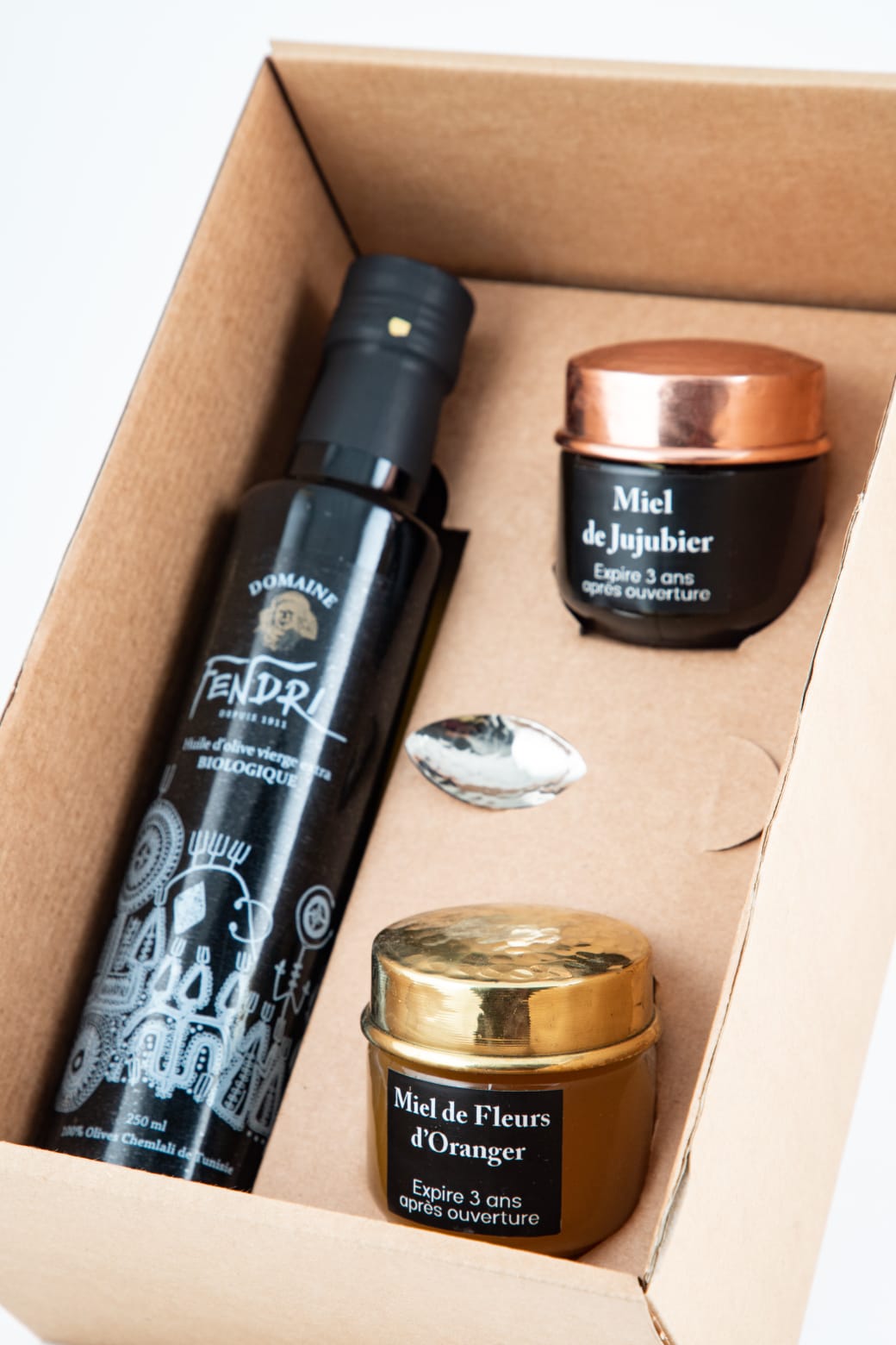 Coffret huile d’olive bio & accessoires en cuivre artisanal
