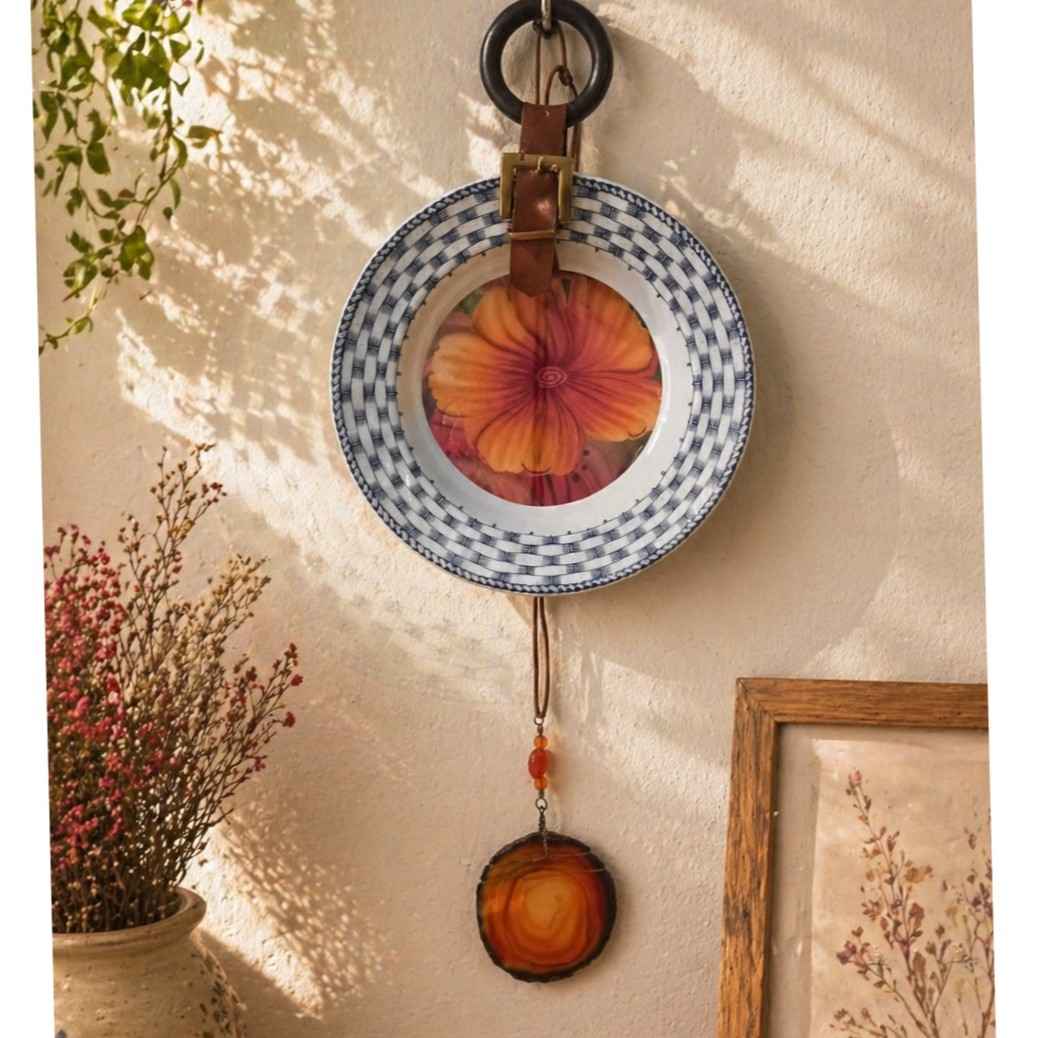 Suspension murale artisanale en bois céramique et toile bleue