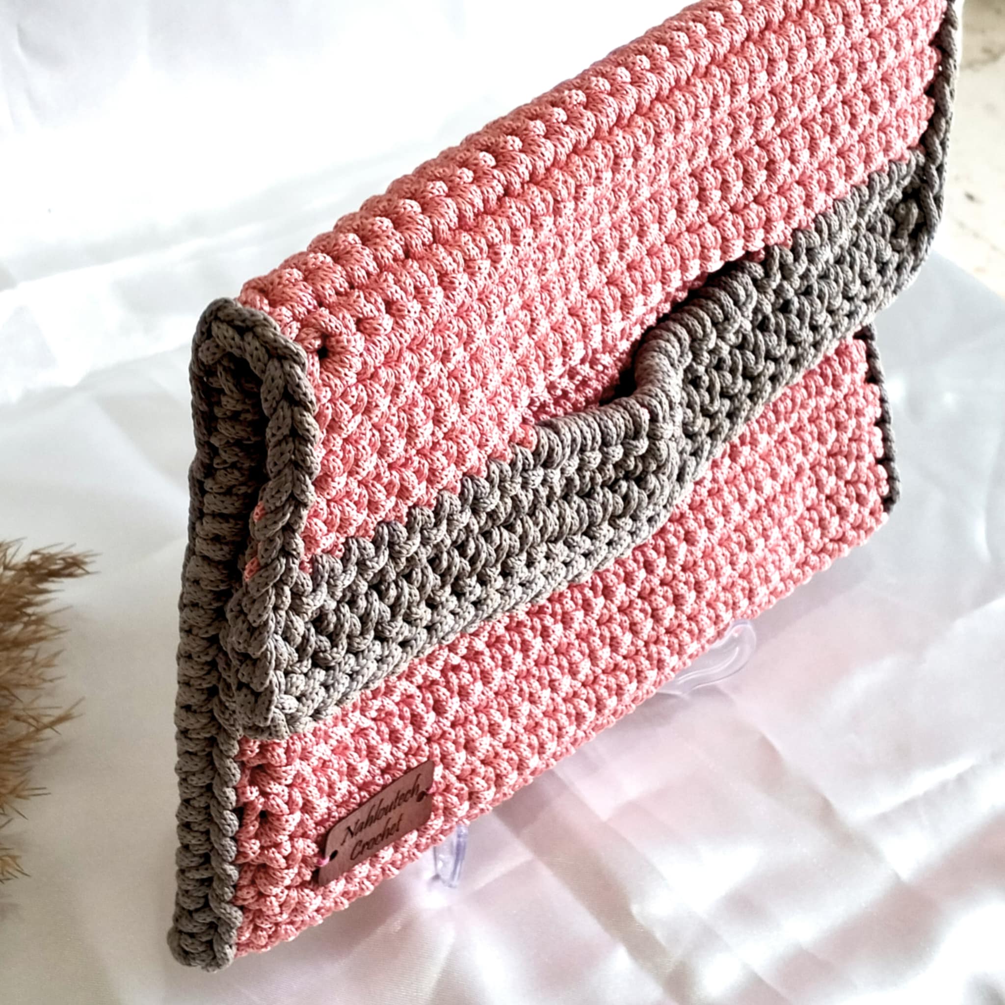 SAC au crochet rose avec touche gris fait à main très chic pour femme : fil macramé selsla