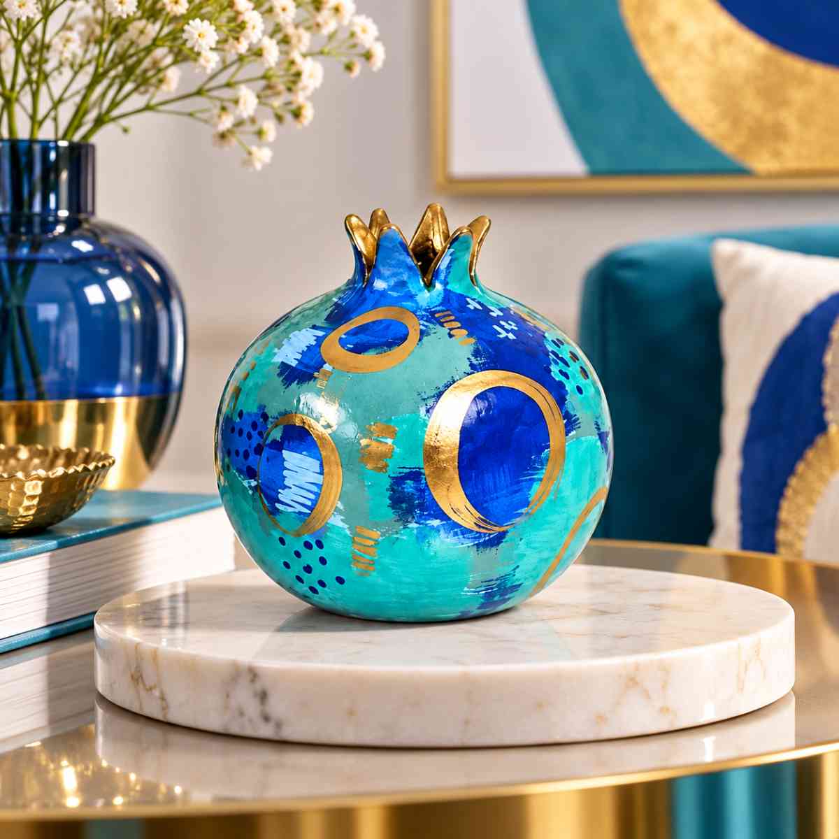 Grenade décorative bleu turquoise et doré élégance assurée H 10 cm