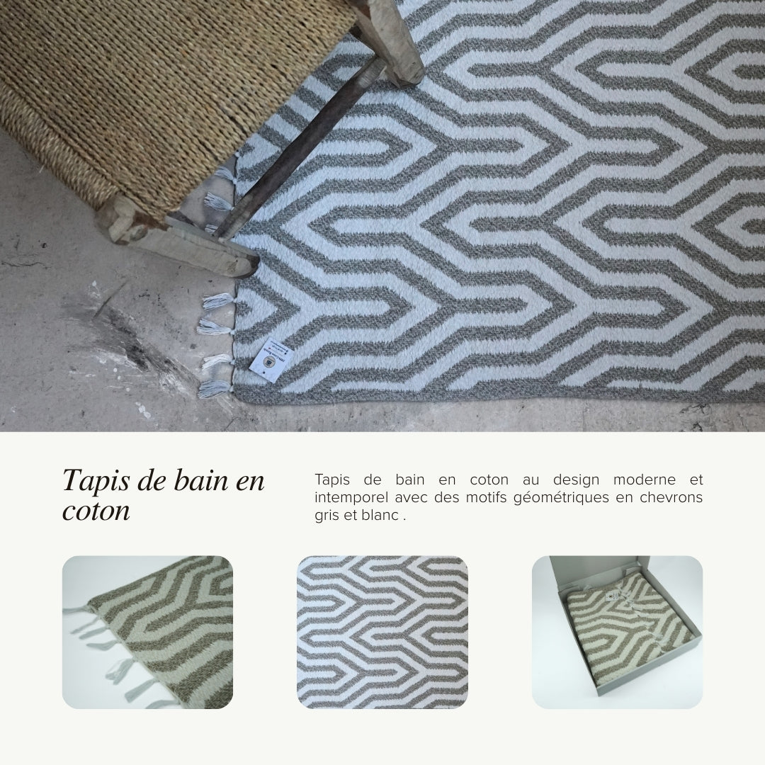 Tapis de bain gris en coton recyclé avec des petites pompons blanches (0.55 * 0.75 m)