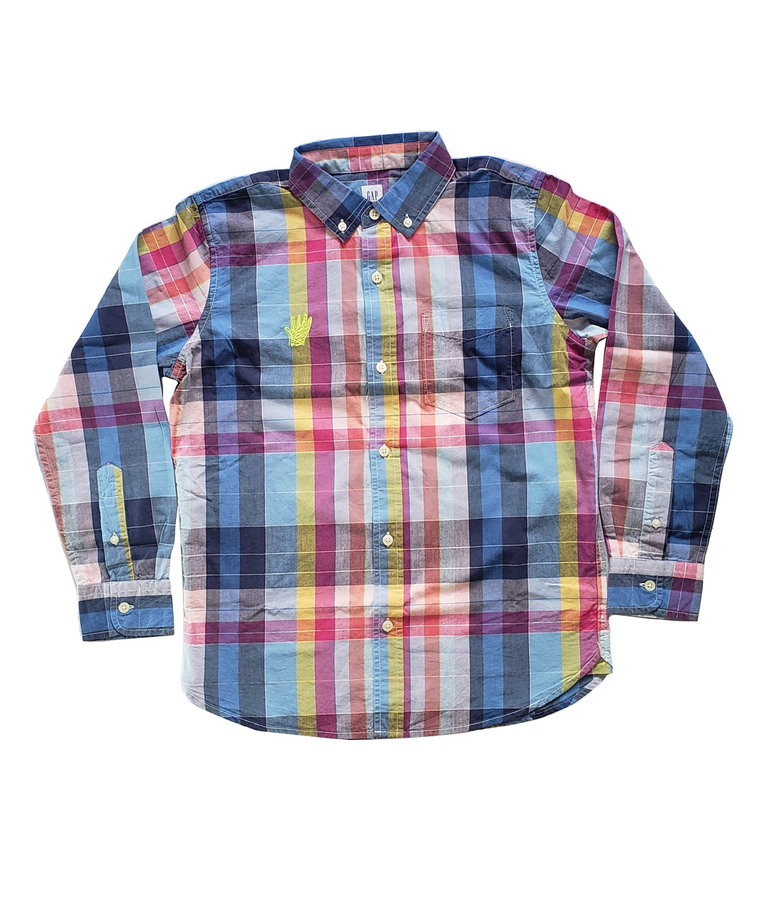 Chemise à carreaux roses et bleus upcyclée, ornée d'une broderie