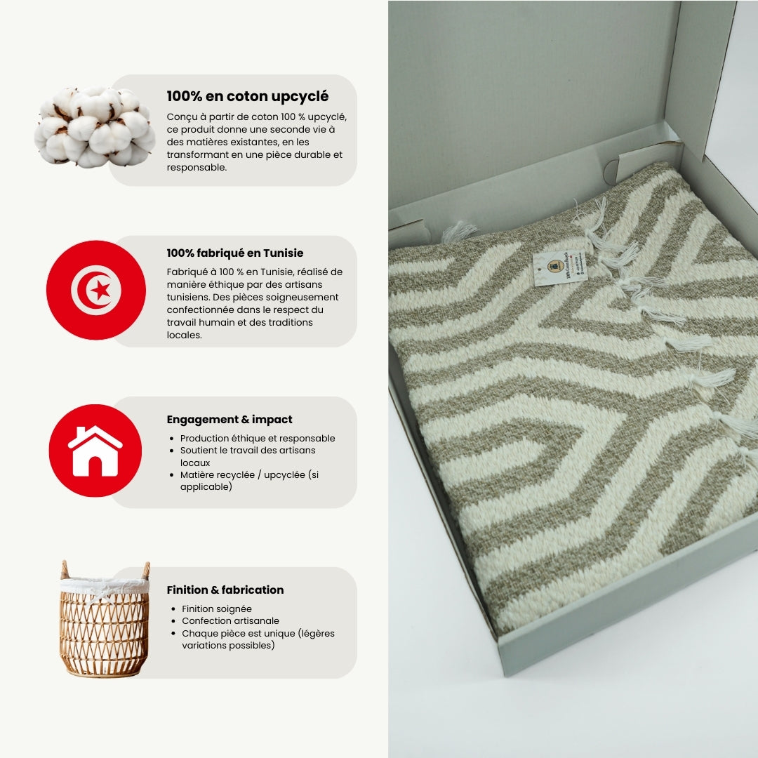 Tapis de bain gris en coton recyclé avec des petites pompons blanches (0.55 * 0.75 m)