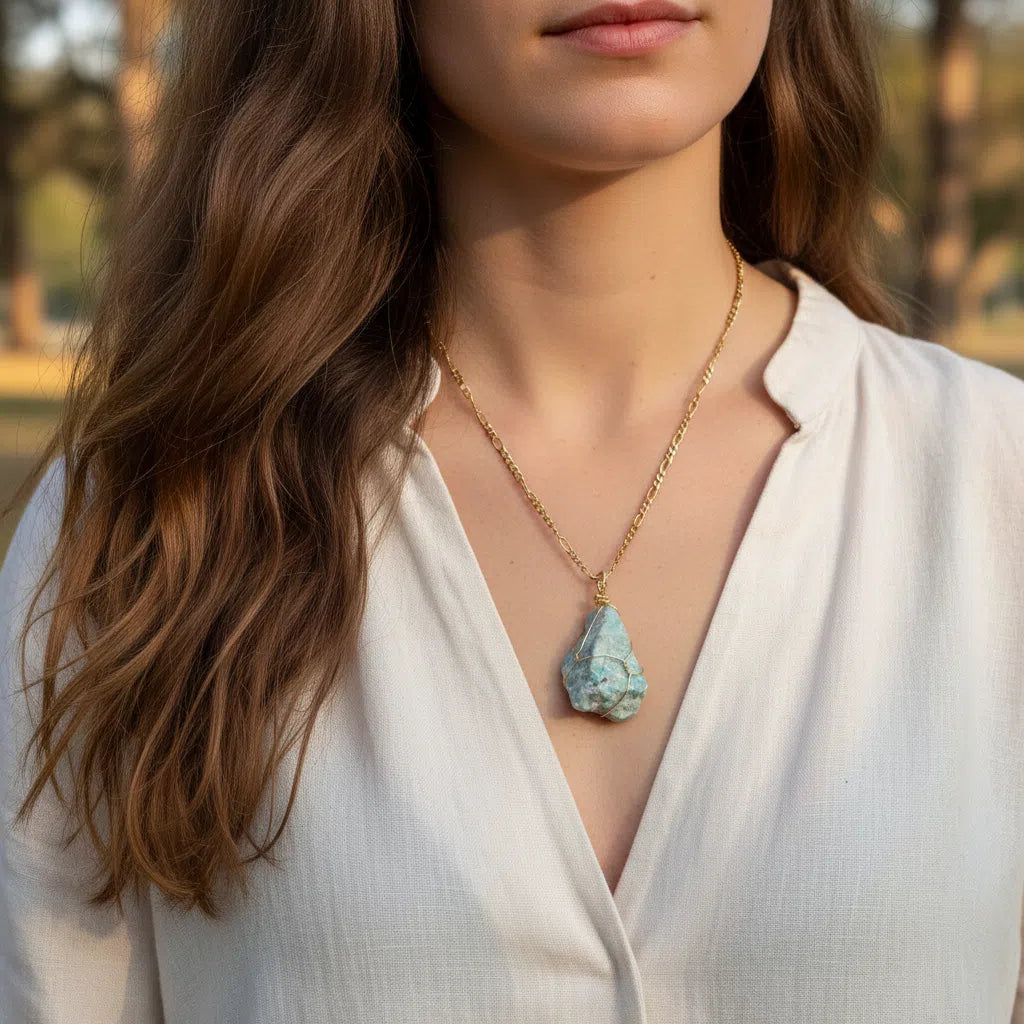 Collier en acier inoxydable et Amazonite Brute - Élégance Bohème