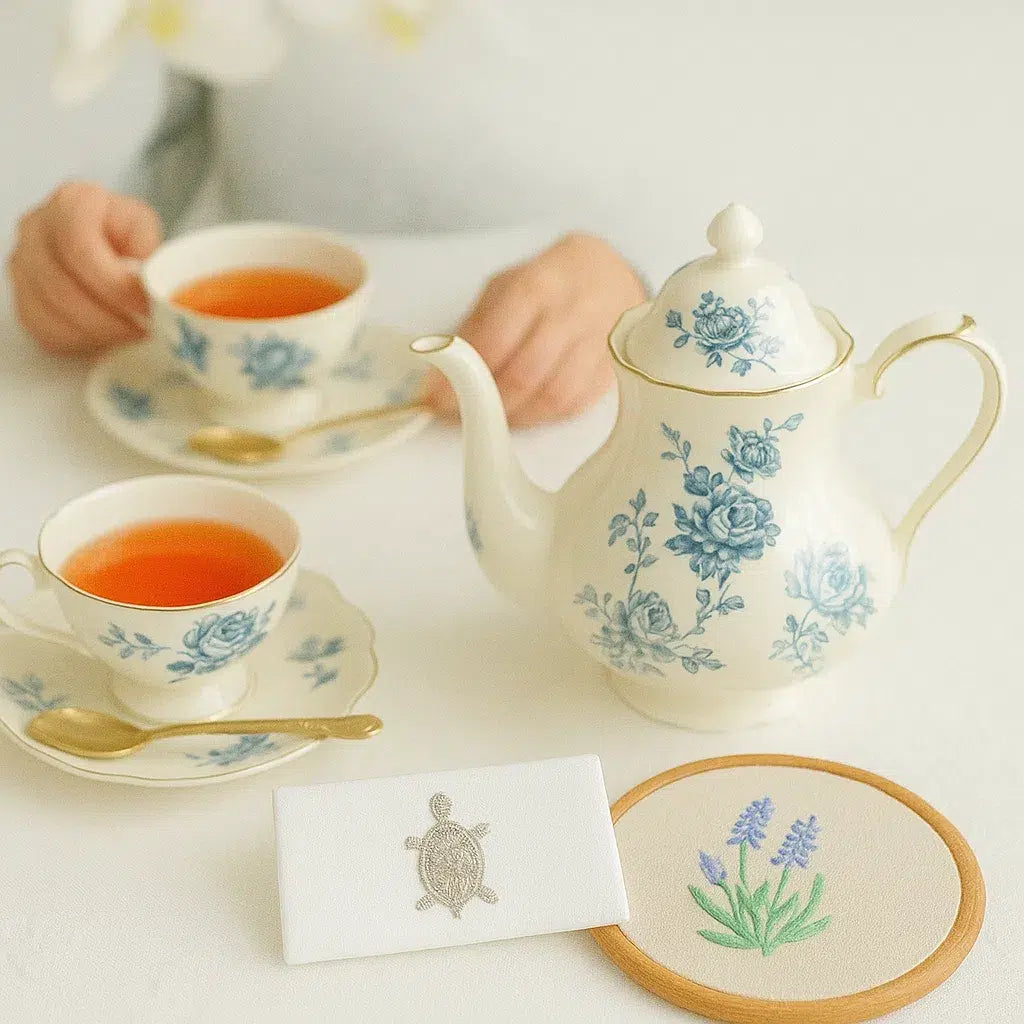 Serviettes à thé brodées au motif de TORTUES argentées - Raffinement et élégance