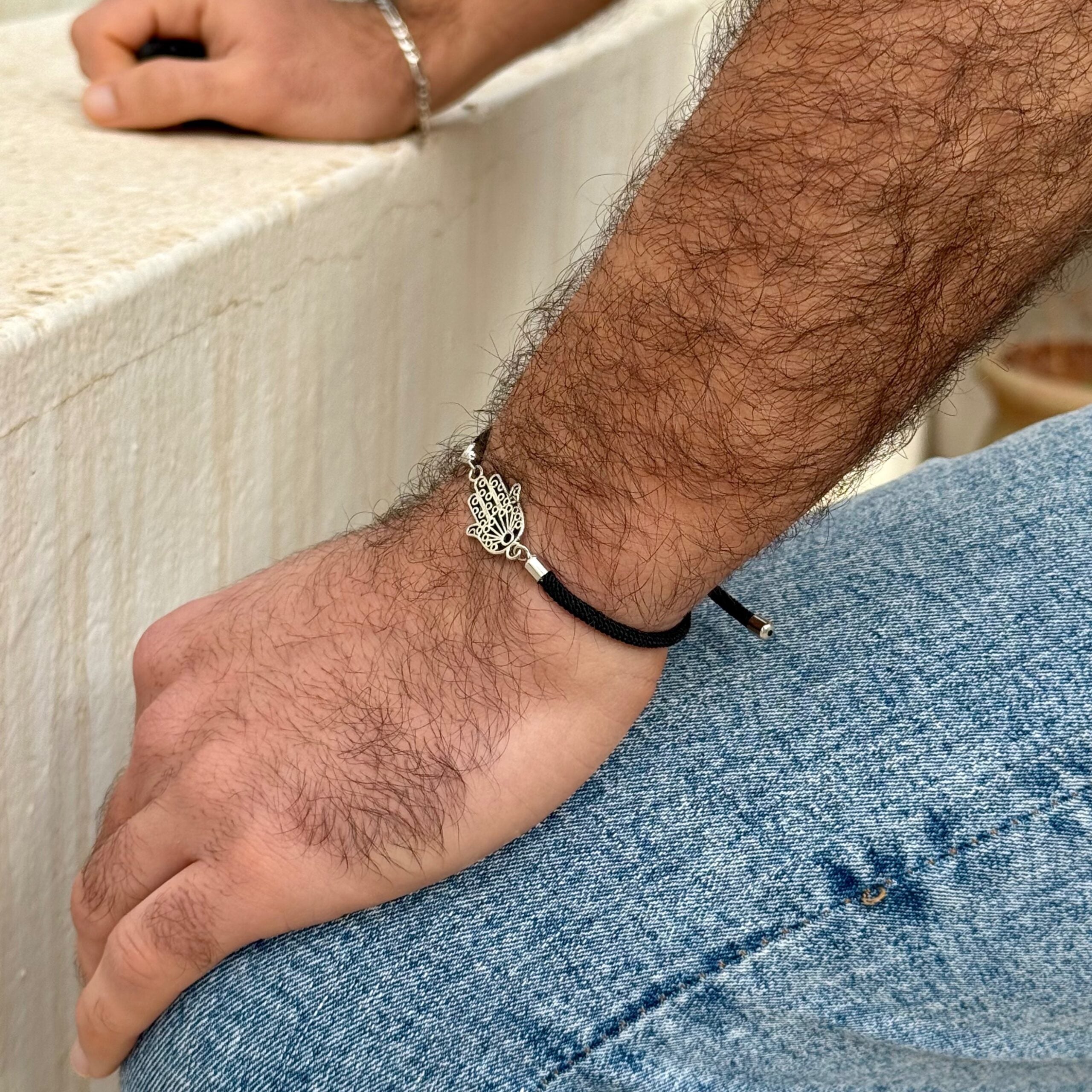 Bracelet Cordon Noir Argent Khomsa ajustable