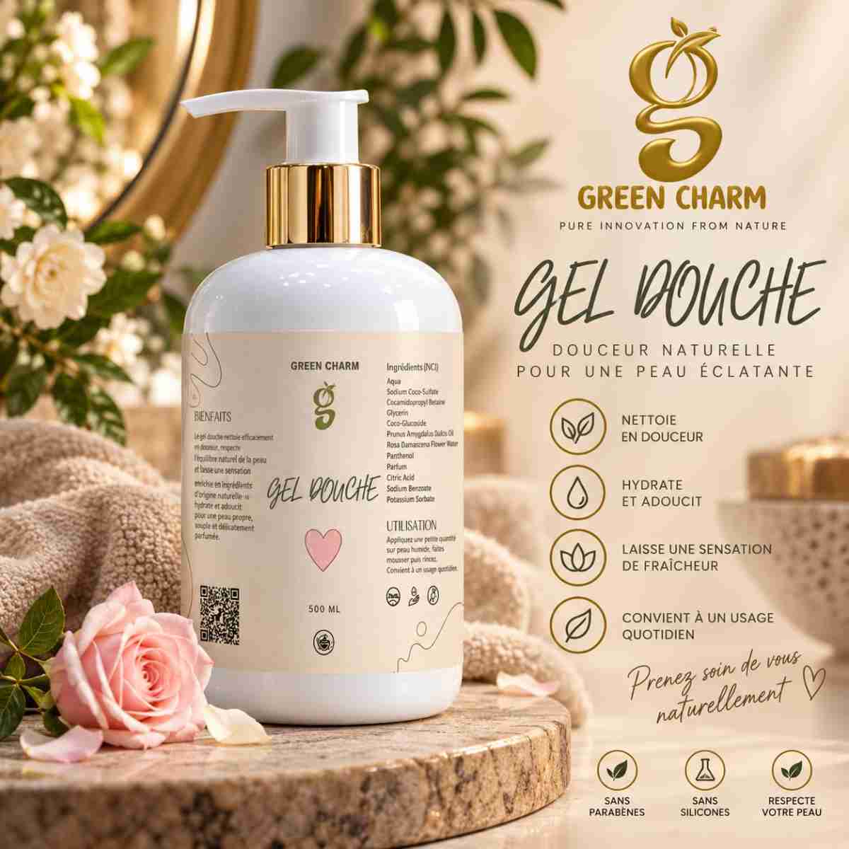 gel douche naturel Green Charm pour une peau douce et revitalisée