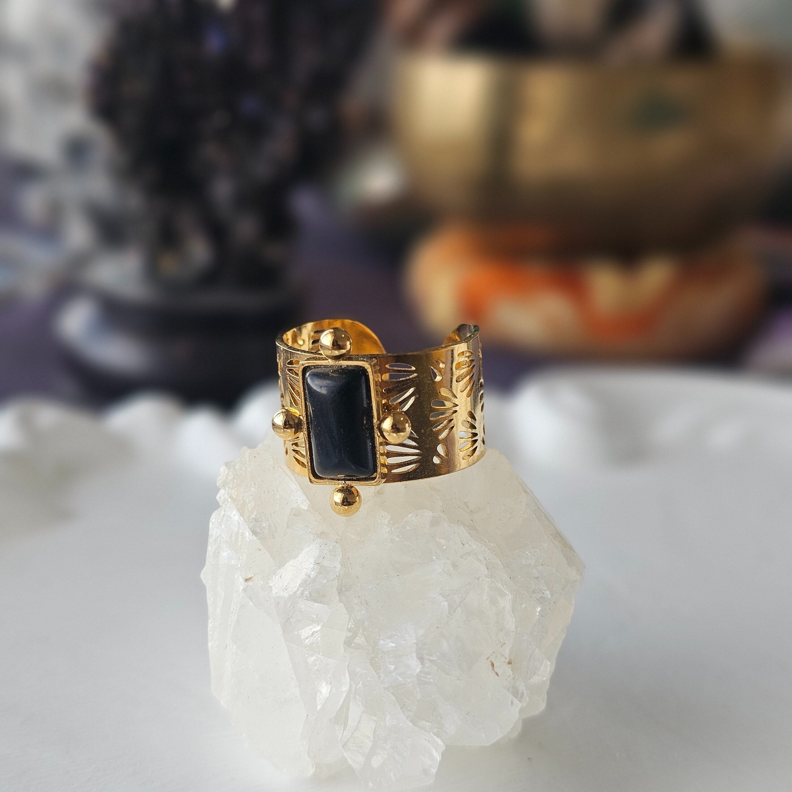 bague ajustable en acier inoxydable et agate noire