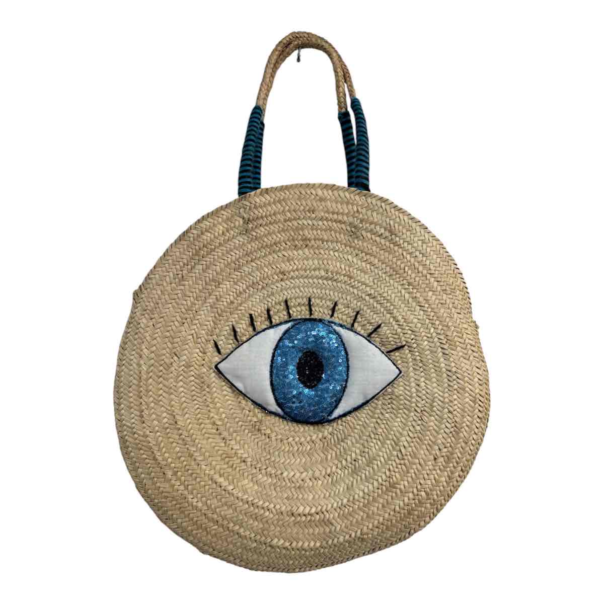 Sac couffin de plage rond en osier tressé avec œil bleu porte-bonheur