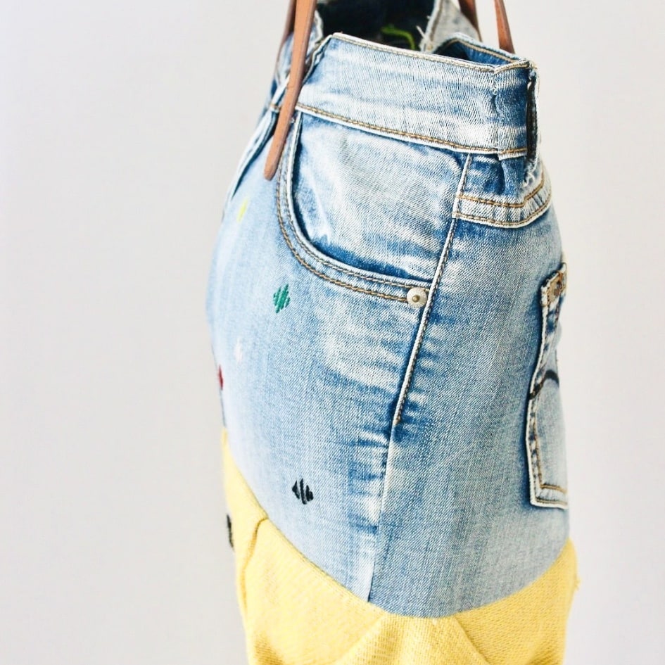 Recycled Denim and Handwoven Cotton Bag – Leather Handles