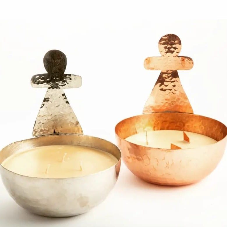 Berber handmade copper candle – 3 fragrances: Black Jasmine, Neroli, Lemon (14 x 13.5 cm) – Patterns: Tanit / Khomsa / 7outa