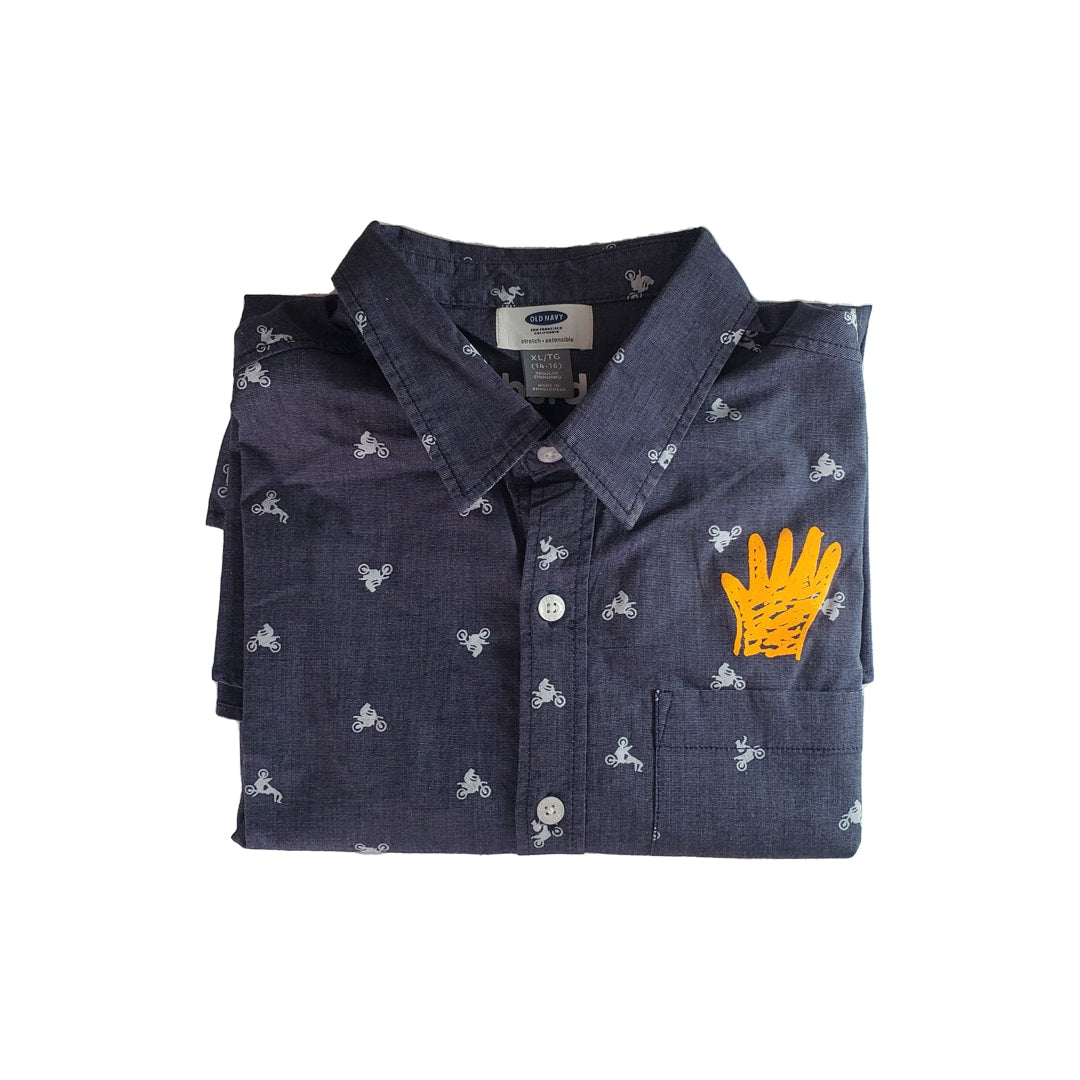 Chemise upcyclé à motifs de moto avec sérigraphie main