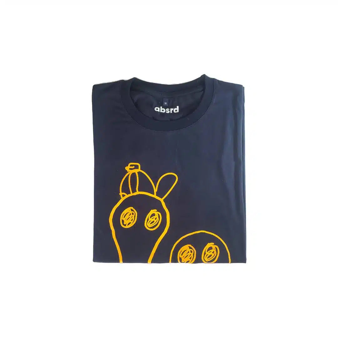Tshirt upcyclé bleu marine avec sérigraphie fantôme en fluo jaune