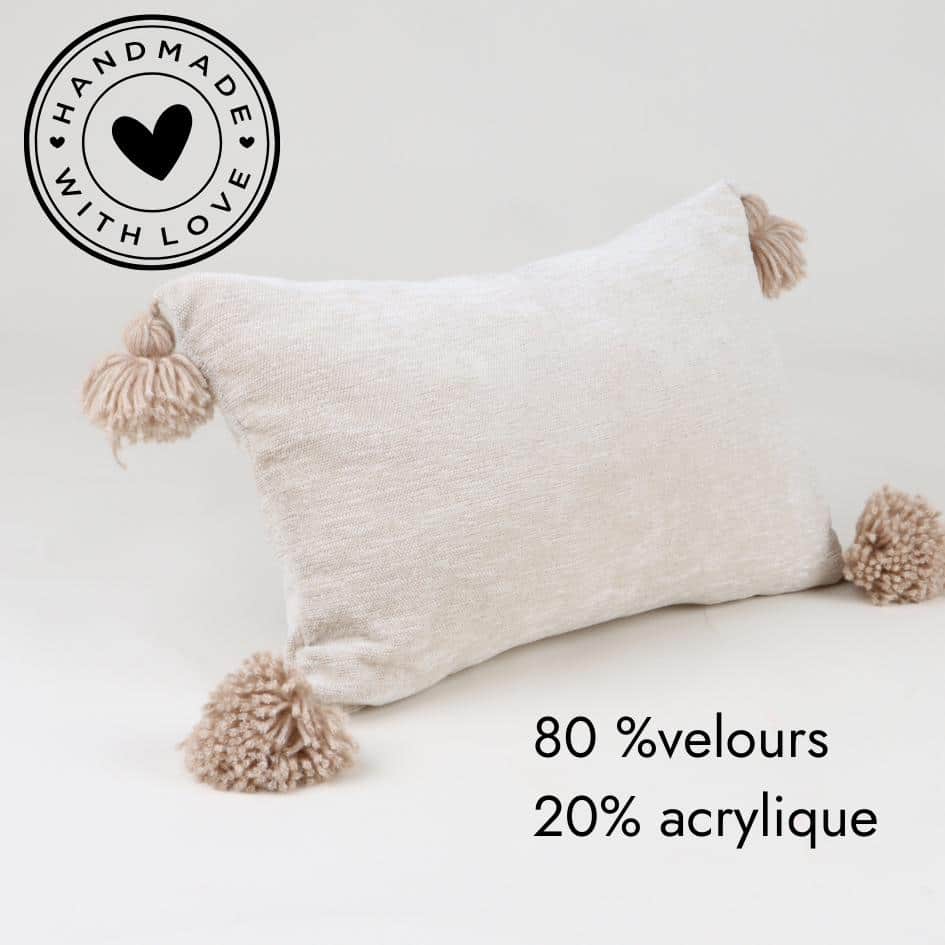 Coussin Décoratif Beige avec Pompons - Tendance Bohème et Confortable