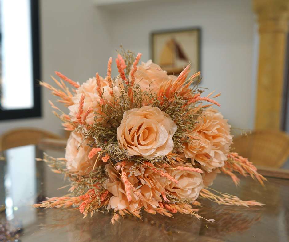 Salmon pink wedding flower bouquet