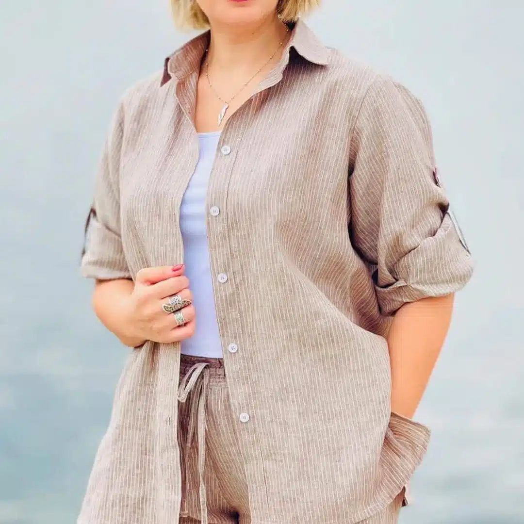 Set en lin marron à rayures blanches - Pantalon large et chemise ample