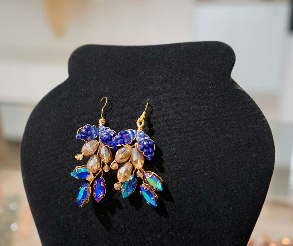 Bridal earrings, blue color, long model