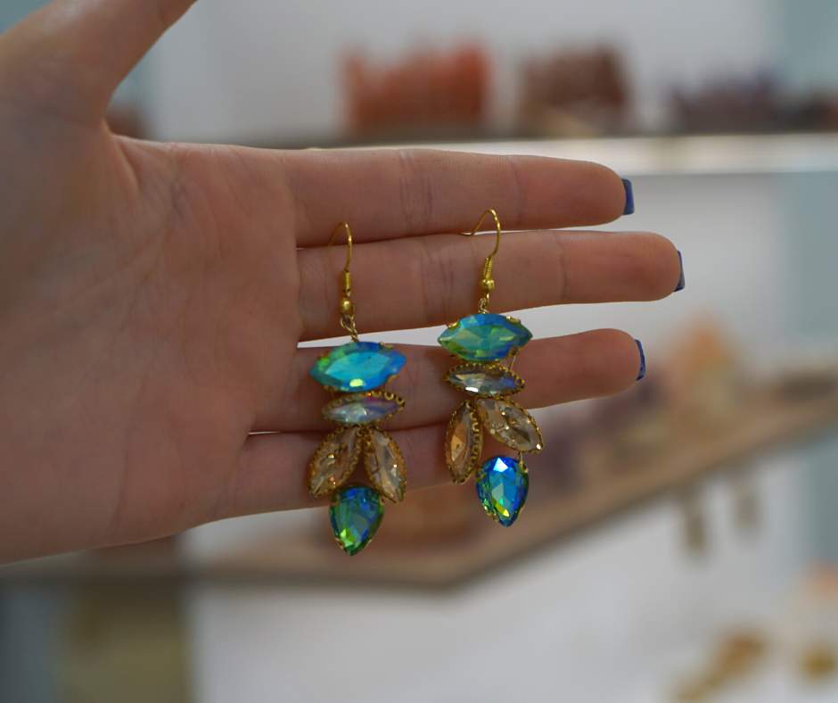 Bridal earrings, blue color, plant model
