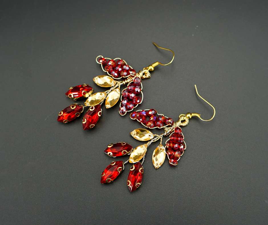 Bridal earrings, red color, leaf model