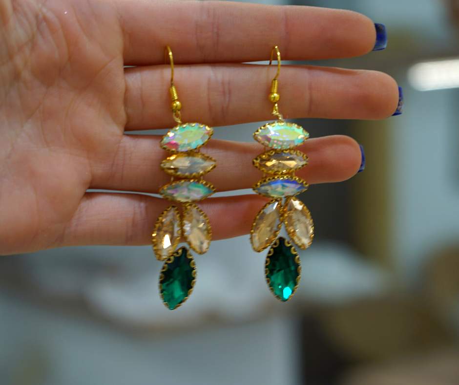 Bridal earrings, green color, plant model.