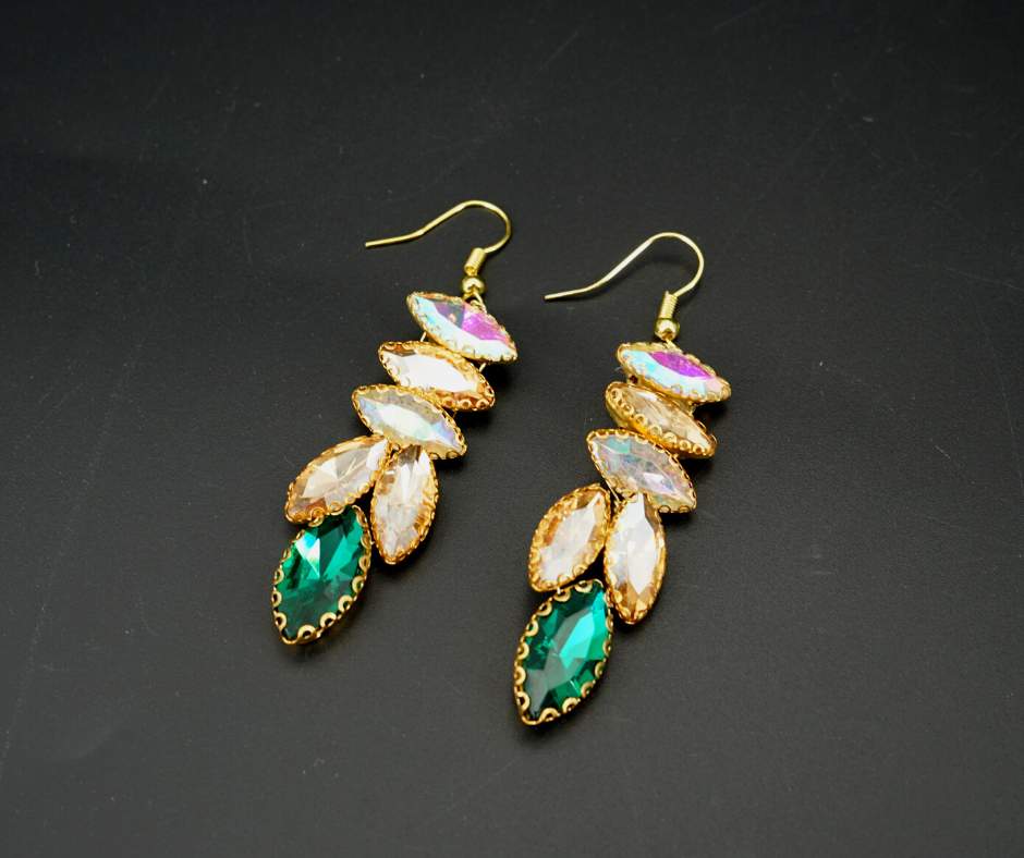 Bridal earrings, green color, plant model.