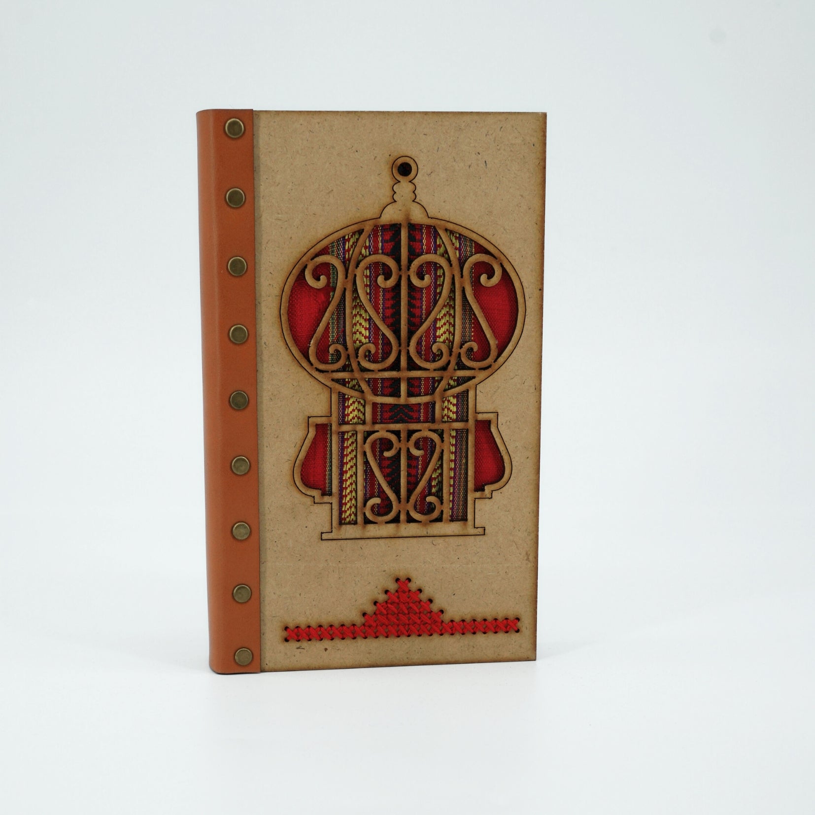 Bloc note en bois et cuir avec design mosquée rouge