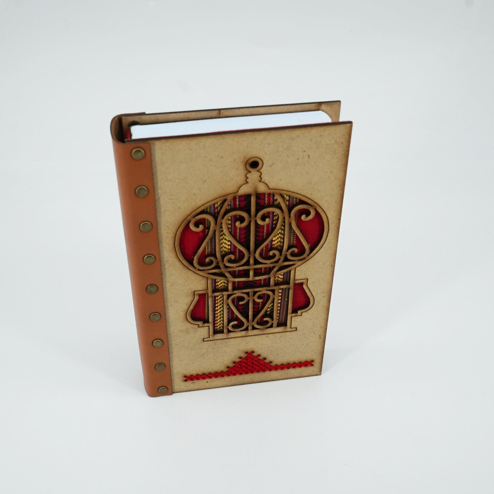 Bloc note en bois et cuir avec design mosquée rouge