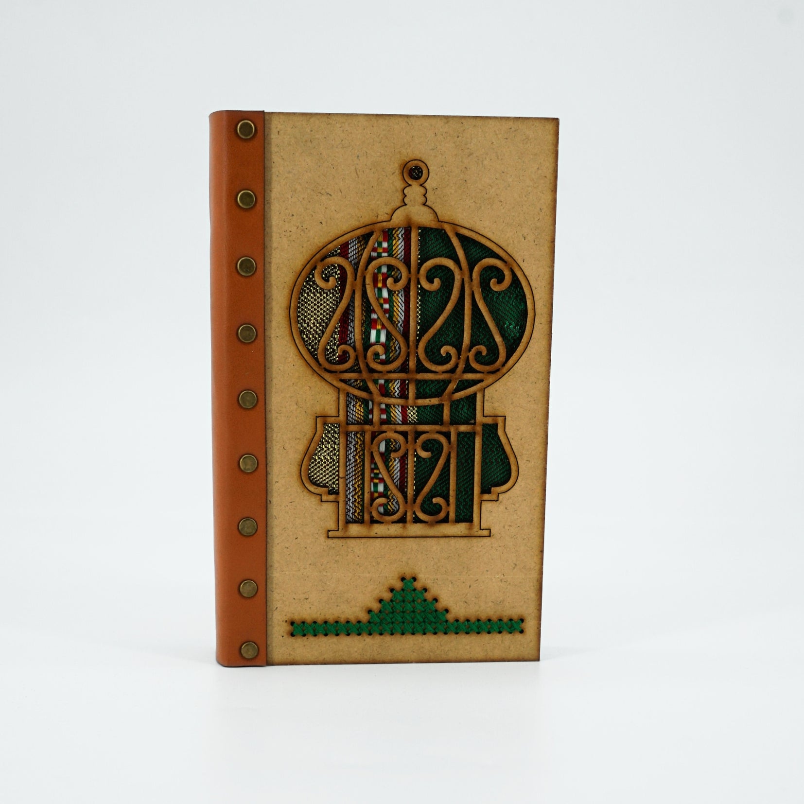 Bloc note en bois et cuir avec design mosquée vert