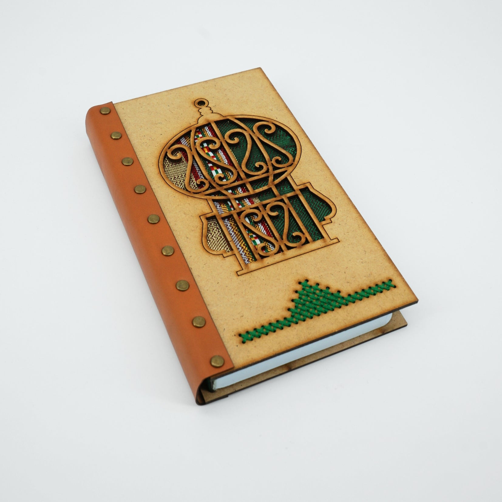 Bloc note en bois et cuir avec design mosquée vert