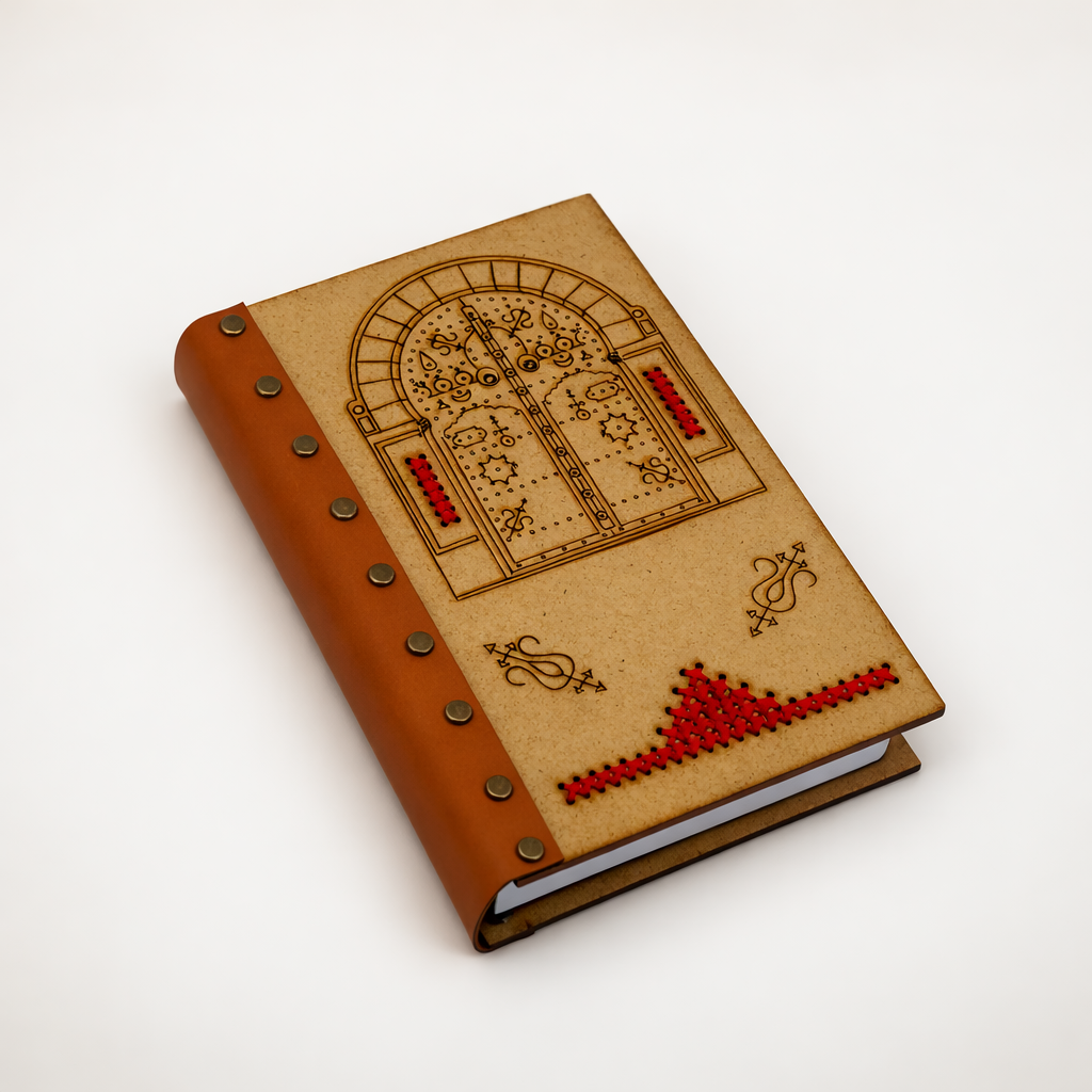 Bloc note en bois et cuir avec design porte rouge