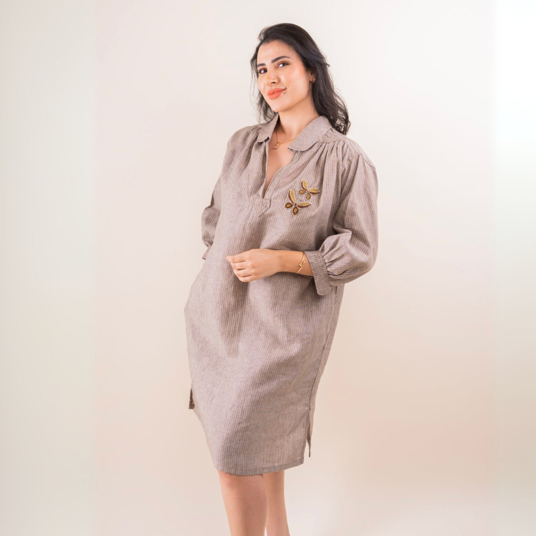 Blouza rayé marron en lin avec manches 3/4