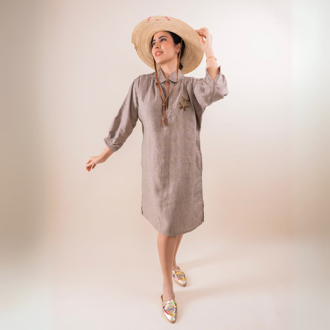 Blouza rayé marron en lin avec manches 3/4