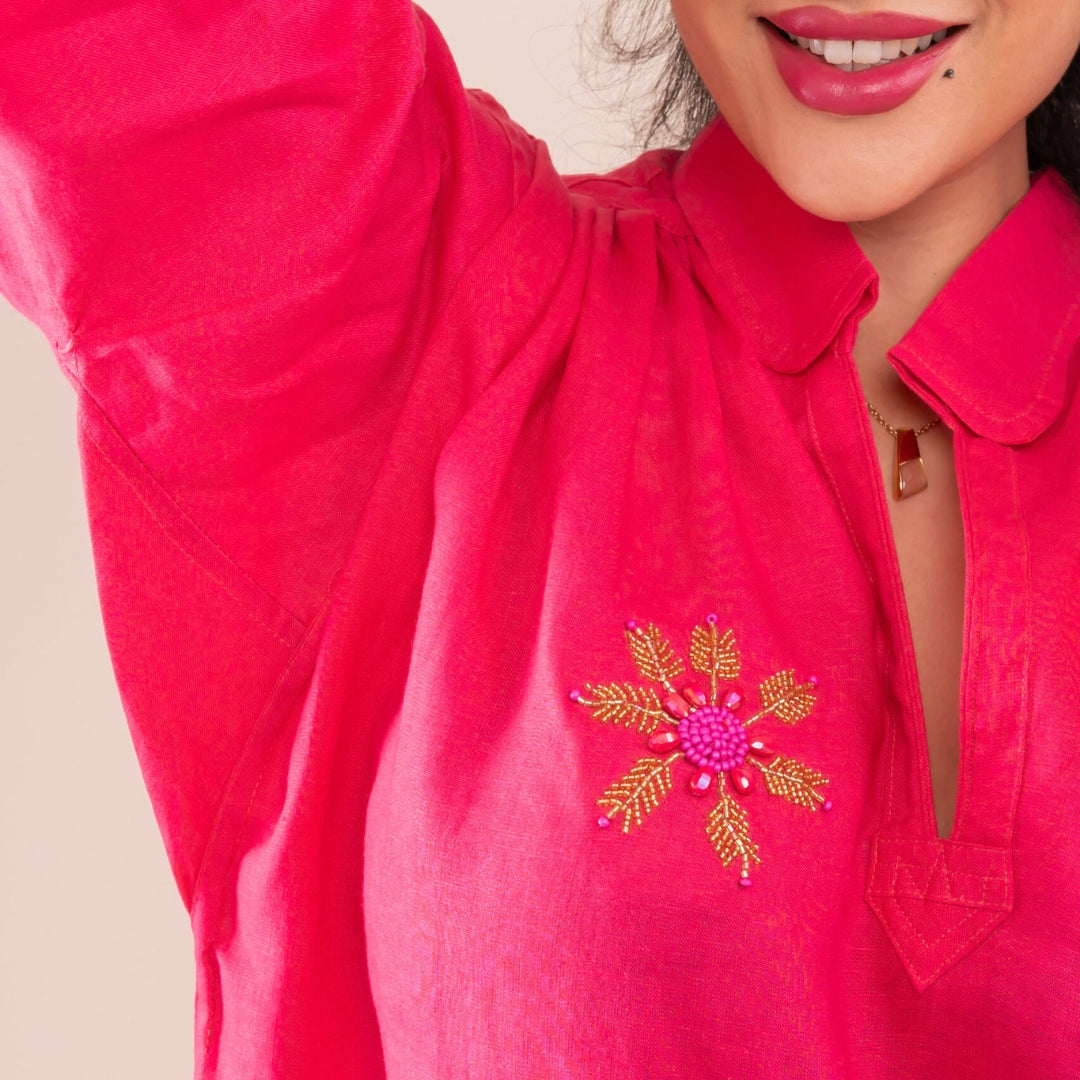 Blouza rose fuchsia en lin avec manches longues