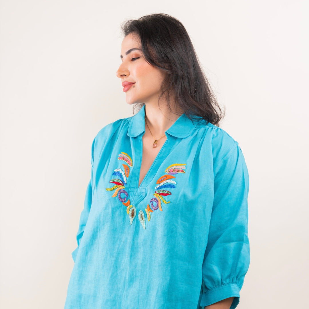 Blouza turquoise en lin avec manches 3/4