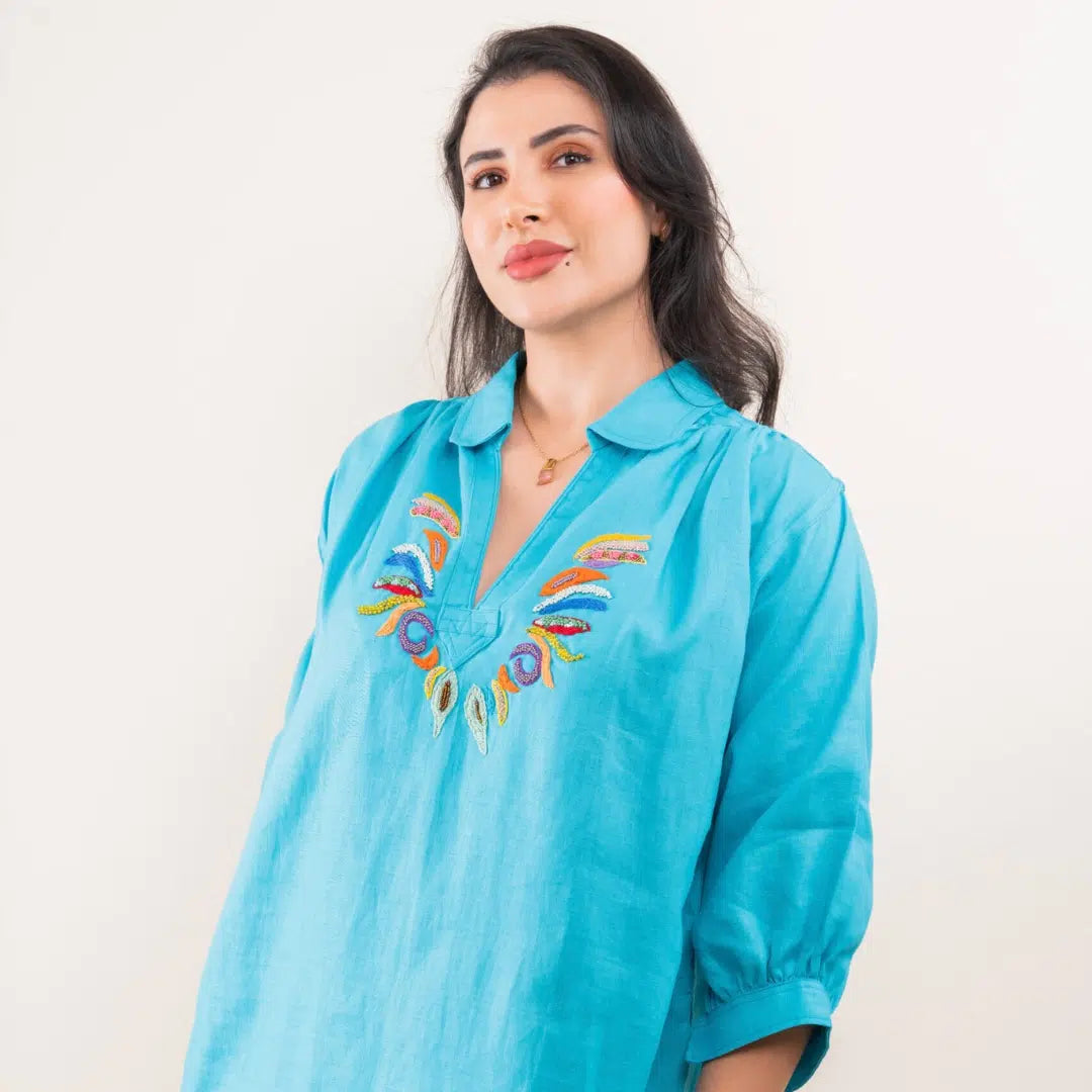 Blouza turquoise en lin avec manches 3/4