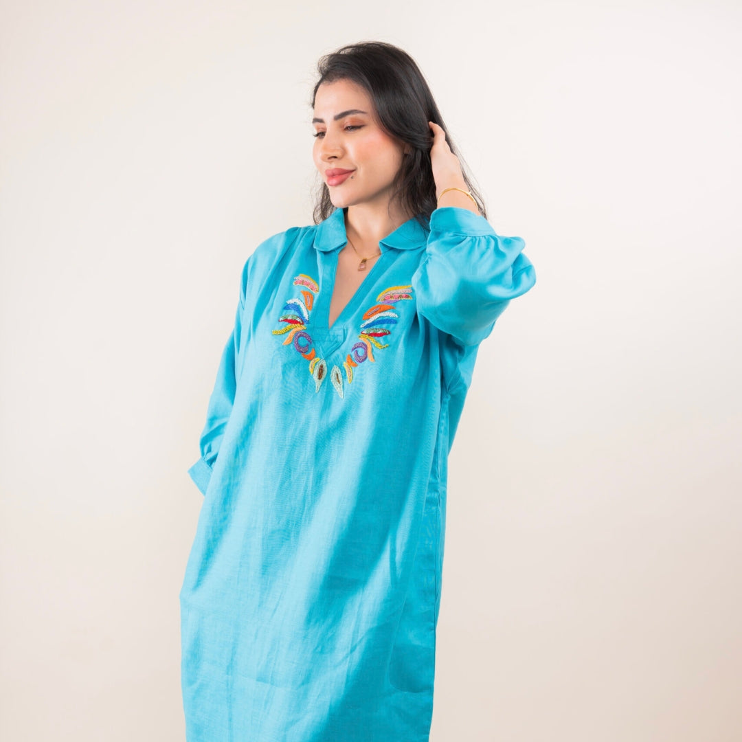 Blouza turquoise en lin avec manches 3/4