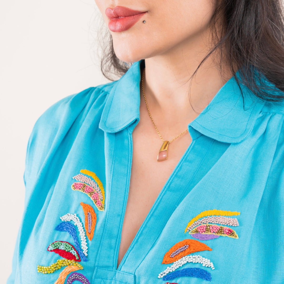 Blouza turquoise en lin avec manches 3/4