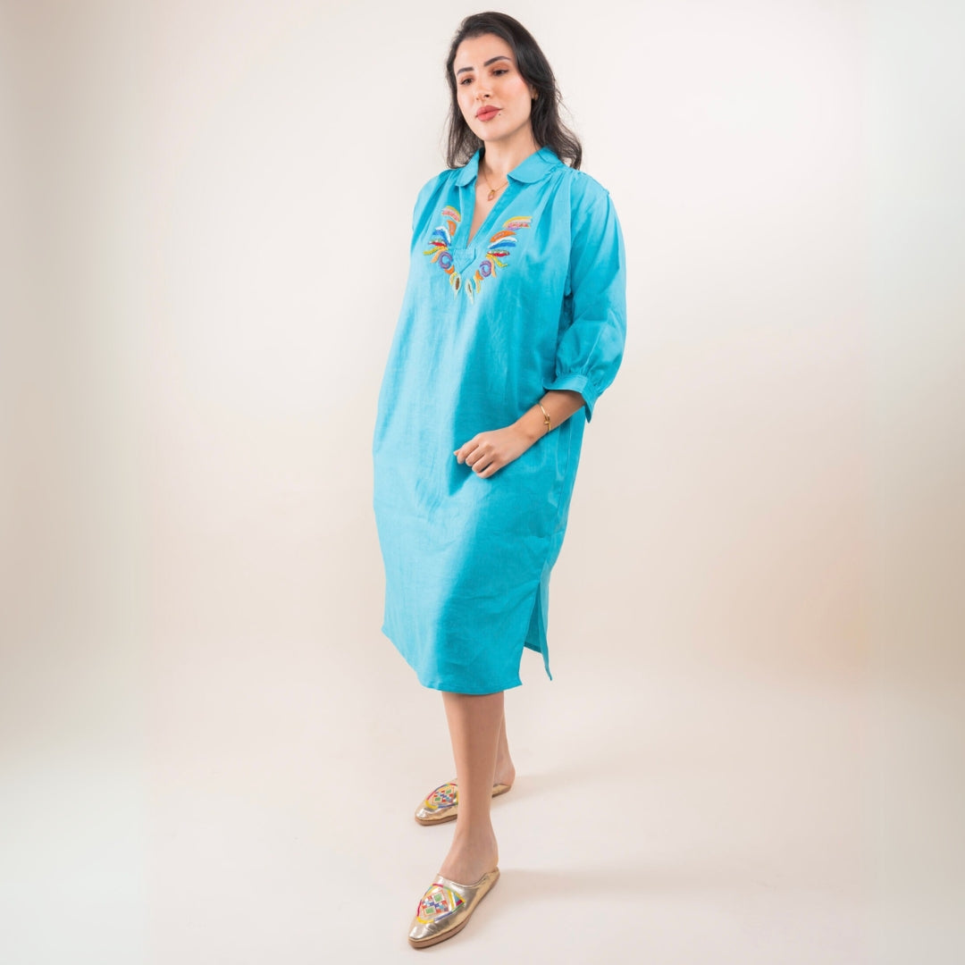 Blouza turquoise en lin avec manches 3/4