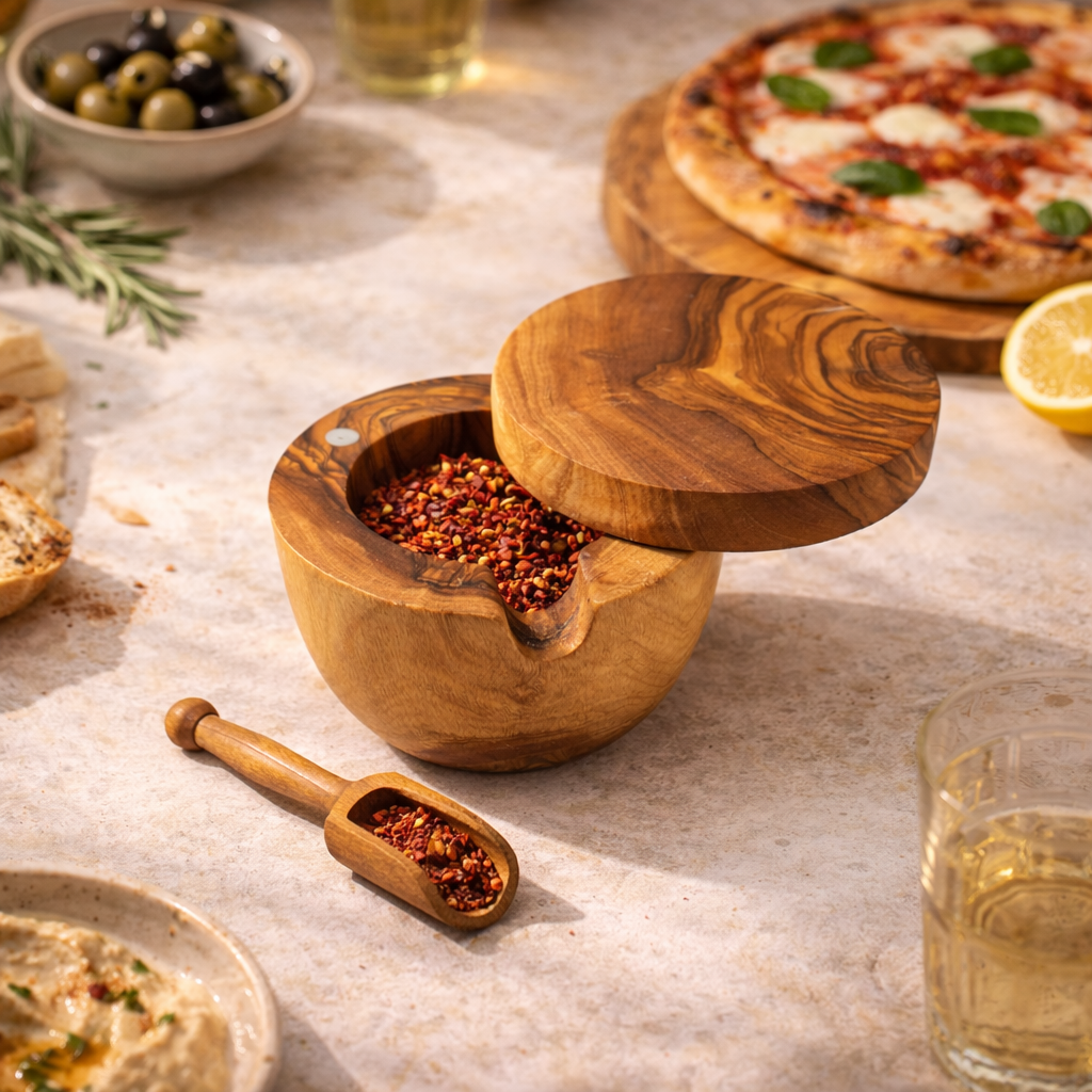 Boite à épice avec couvert en bois d'olive