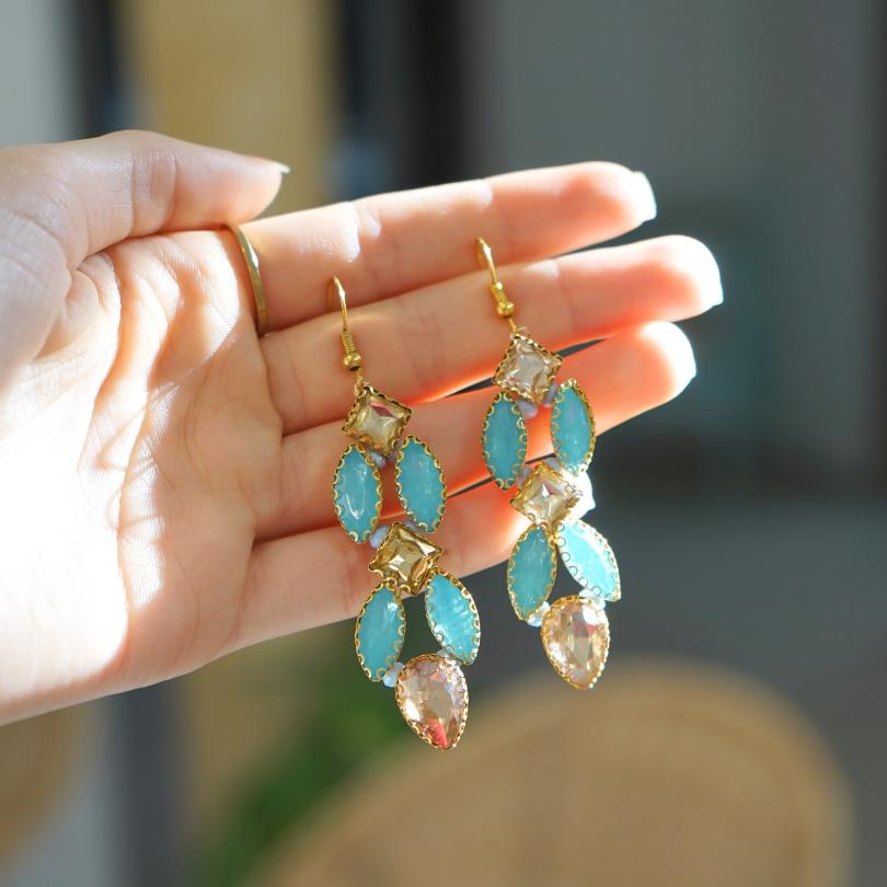 Blue wedding earrings, white opal bridal jewelry, wedding hoop earrings bridal earrings rhinestone earrings
